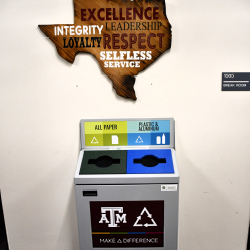 Recycling bins with state of Texas sign above it.