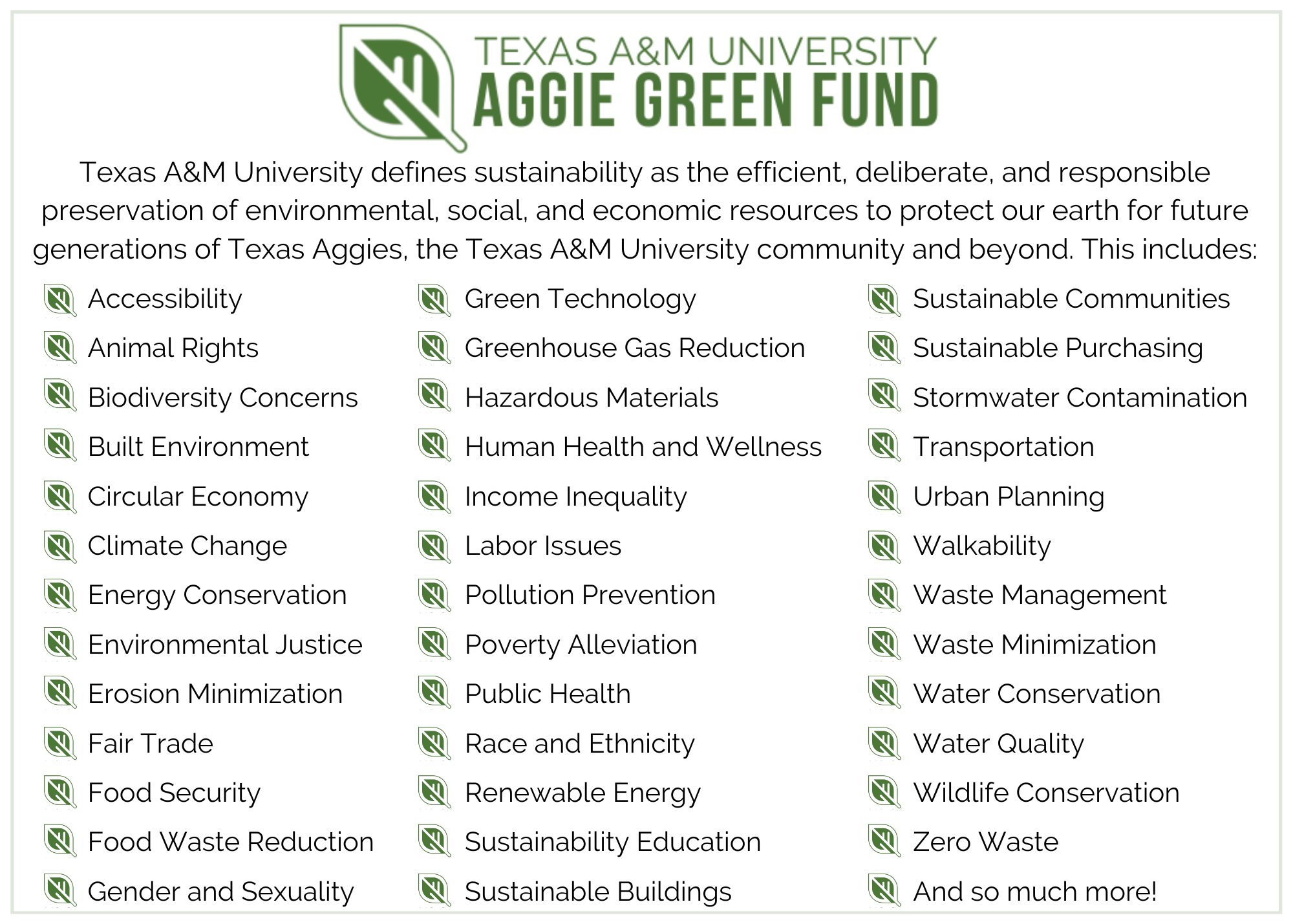 A list of the different facets of sustainability.